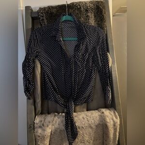 Navy Blue and White Polka Dot Women's Button Up Top